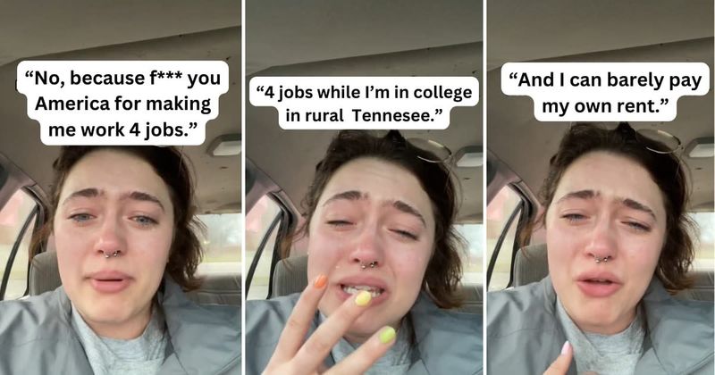 College student breaks down in tears while sharing that she has to work 4 jobs to pay her rent