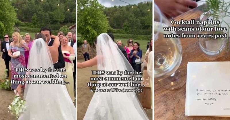 Guests marvel at cocktail napkins at a wedding featuring couple's old love notes