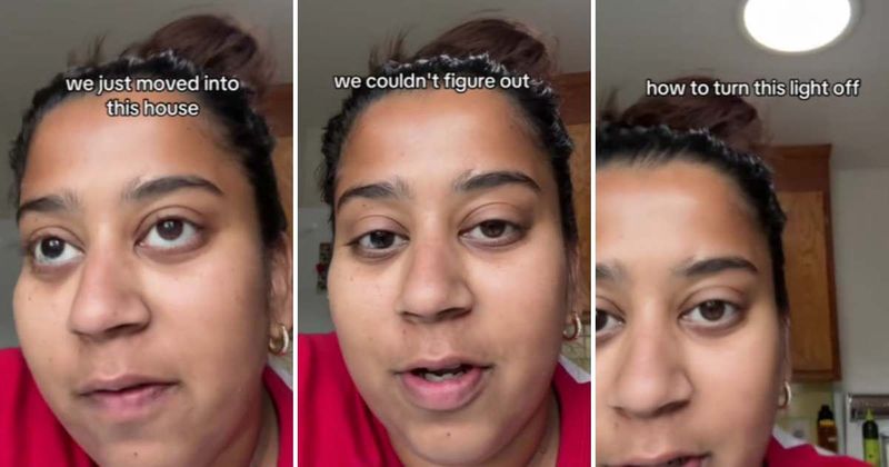 Woman amused as she unlocks hilarious mystery behind an overhead light that wouldn't turn off
