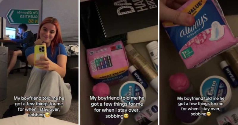 Girlfriend sheds tears of joy after boyfriend stocks up his cabinet women's products