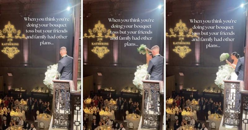 Bride's loved ones give her a wholesome surprise as she gets ready to toss her bouquet