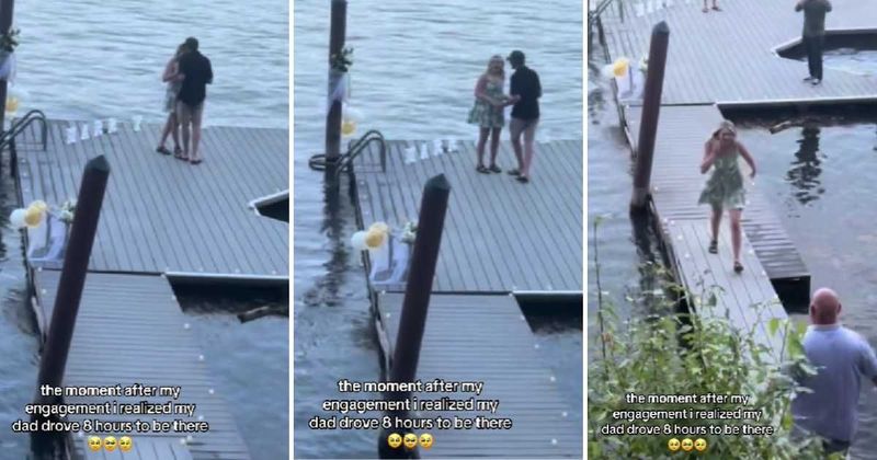 Moving video captures sweet moment woman realizes her dad drove eight hours to watch her get engaged