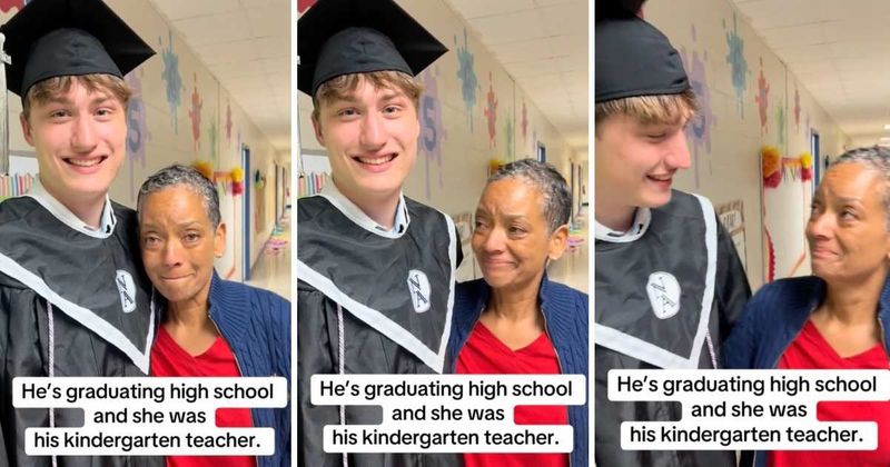 Proud kindergarten teacher breaks down in tears as high schooler celebrate his graduation with her
