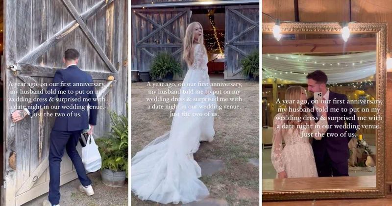 Couple puts on wedding dress  to celebrate anniversary every year as part nostalgic anniversary tradition