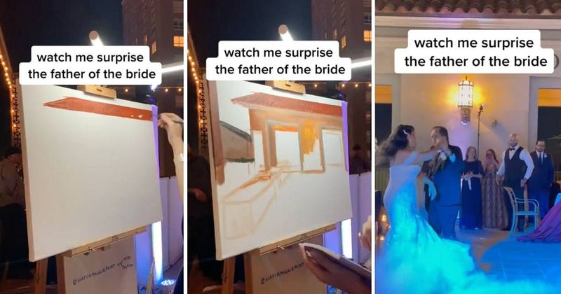 Father of the bride gets emotional after being gifted painting of their first dance right after