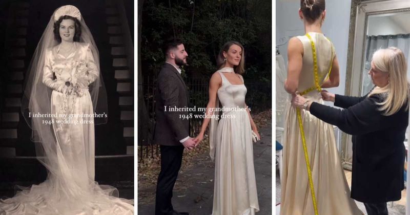 Bride gives grandmother’s 77-year-old satin wedding dress a modern twist for her rehearsal dinner