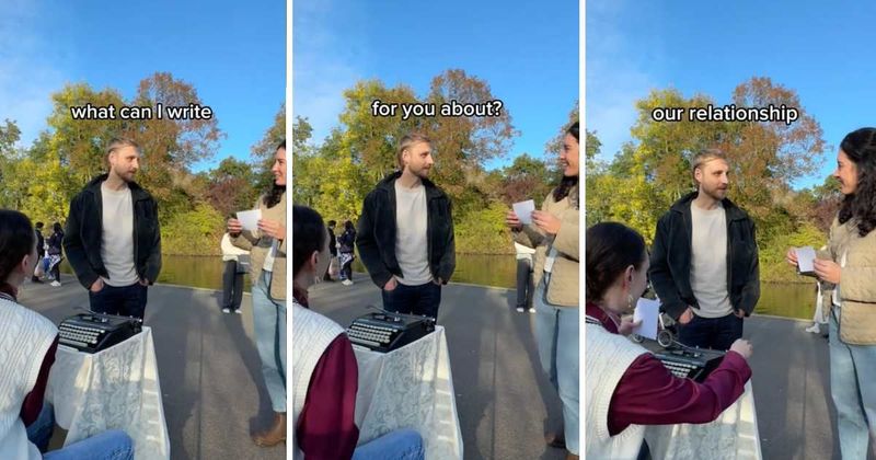 Typewriter poetess in the park adds magic to man’s surprise proposal with heartfelt poetry