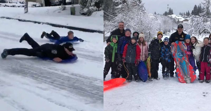 Neighbors called the police to report children sledding on the road — the cops arrived and joined them