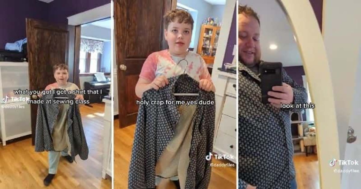 Dad has wholesome reaction after son makes him a shirt at sewing class
