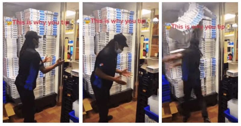 Domino's employee breaks down over not being tipped after standing in the rain for 5 minutes