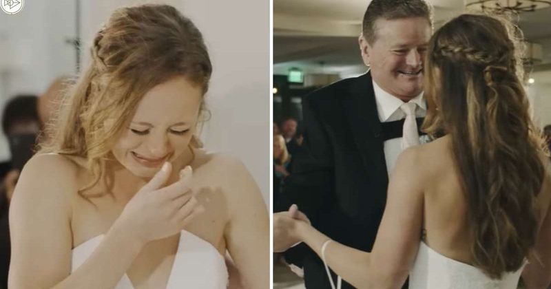 Bride bursts into tears seeing her paralyzed dad ‘standing’ at the chapel door to walk her down the aisle