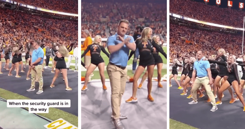 Man posing as security guard got booed for blocking cheerleaders — then he joined in and the stadium erupted