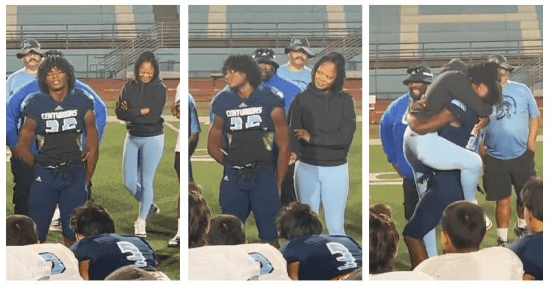 Boy praises military mom at football practice in front of his team mates without realizing she was waiting to surprise him