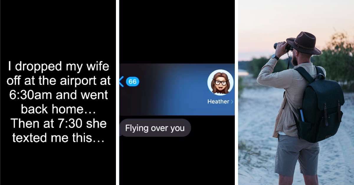 She texted mid-flight that she was flying over him. The security camera revealed his romantic antics