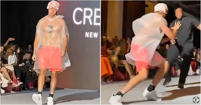 Man rocks Fashion Week runway wearing a trash bag and shower cap — until the security guard realizes who he really is