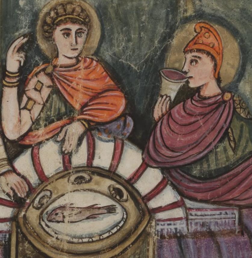 Vergilius Romanus (Vat. Lat. 3867) f. 100v detail: Dido listening to Aeneas