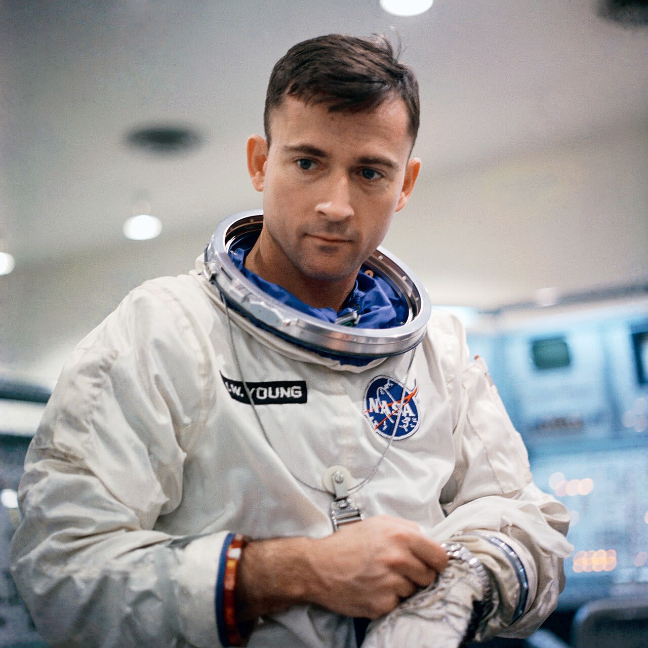 Astronaut John W. Young, the pilot of the Gemini-Titan 3 prime crew, is shown suited up for GT-3 pre-launch test exercises. Image ID: S65-22670