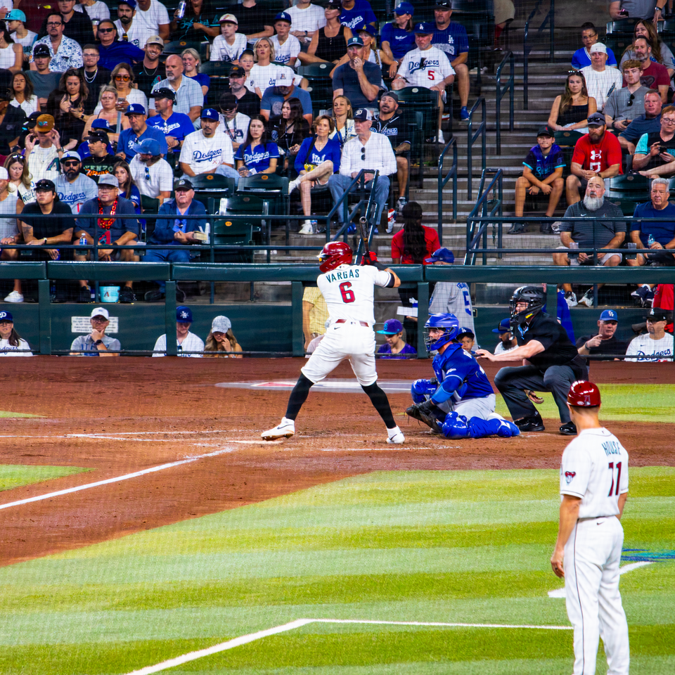 Ildemaro Vargas batting for the Diamondbacks on 8/9/2026 against the LA Dodgers at Chase Field. (Image Source: Wikimedia Commons | Alex Kawczynski)