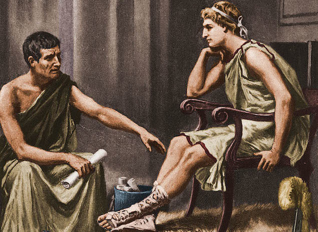Alexander the Great (356 - 323 BC), later King of Macedon and conqueror of a vast empire stretching from the Balkans to India, listens studiously to his tutor, the philosopher Aristotle (384 - 322 BC), while they sit in a palace in ancient Pella, Greece, circa 342 BC. (Image by Stock Montage/Getty Images)